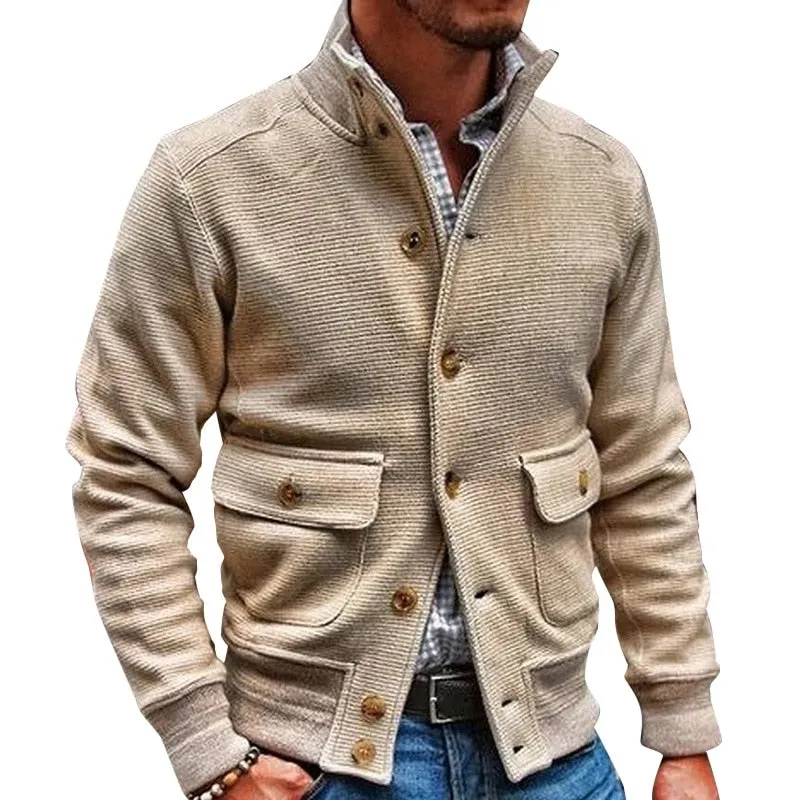 Stand Collar Patch Pockets Button Knitwear