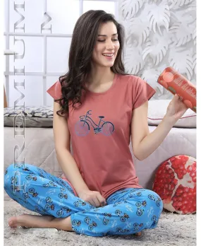 Stylish Top & Blue Pajamas Night Wear Set for Women