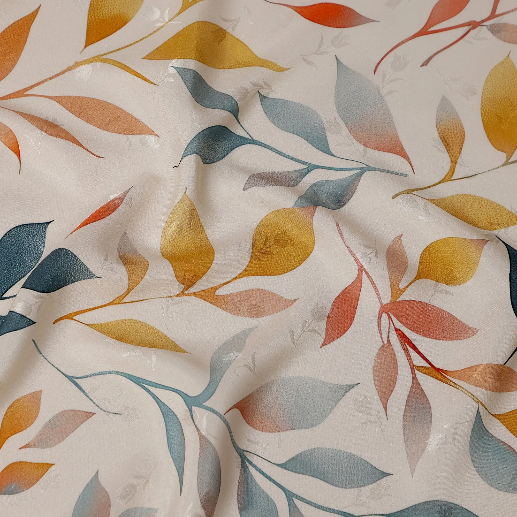 Teal and Mustard Leaf Print Pure Silk Satin Fabric, 140 cm Width, Made in Italy -D21159