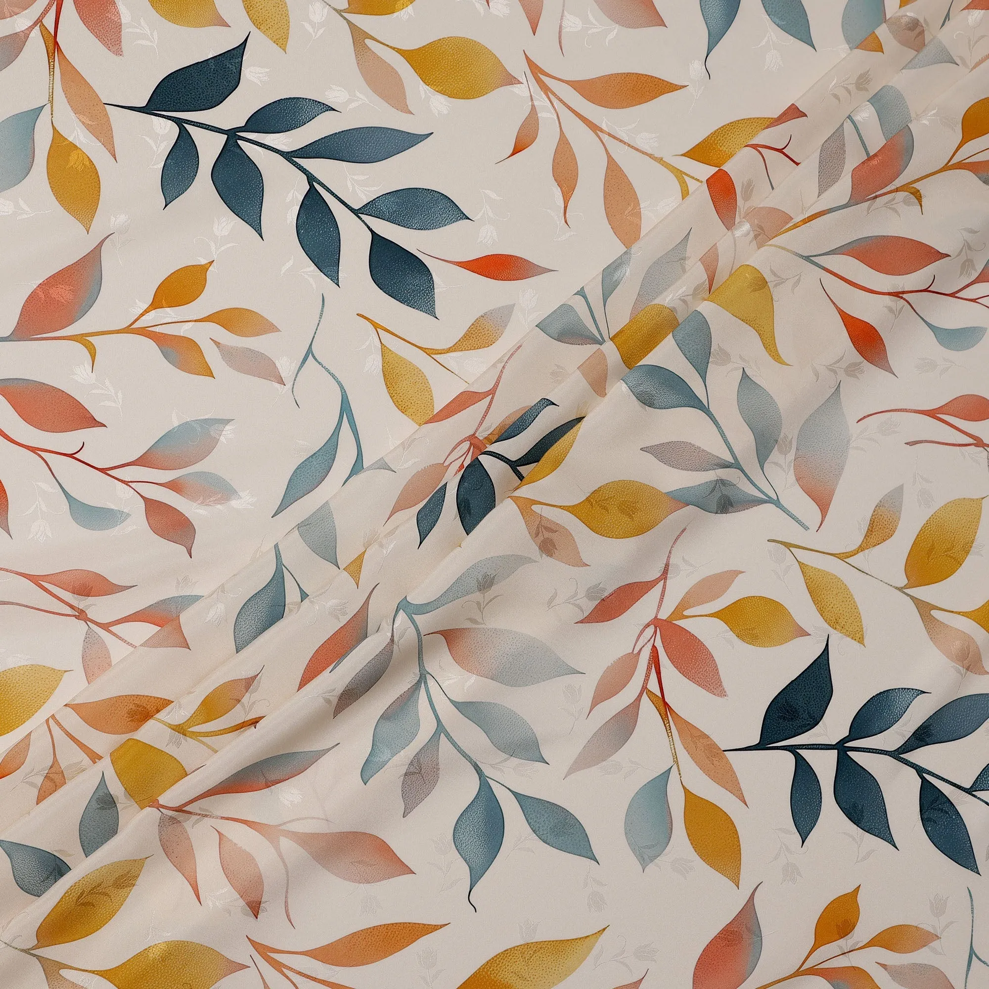 Teal and Mustard Leaf Print Pure Silk Satin Fabric, 140 cm Width, Made in Italy -D21159