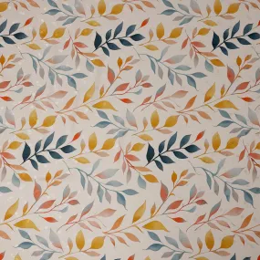 Teal and Mustard Leaf Print Pure Silk Satin Fabric, 140 cm Width, Made in Italy -D21159