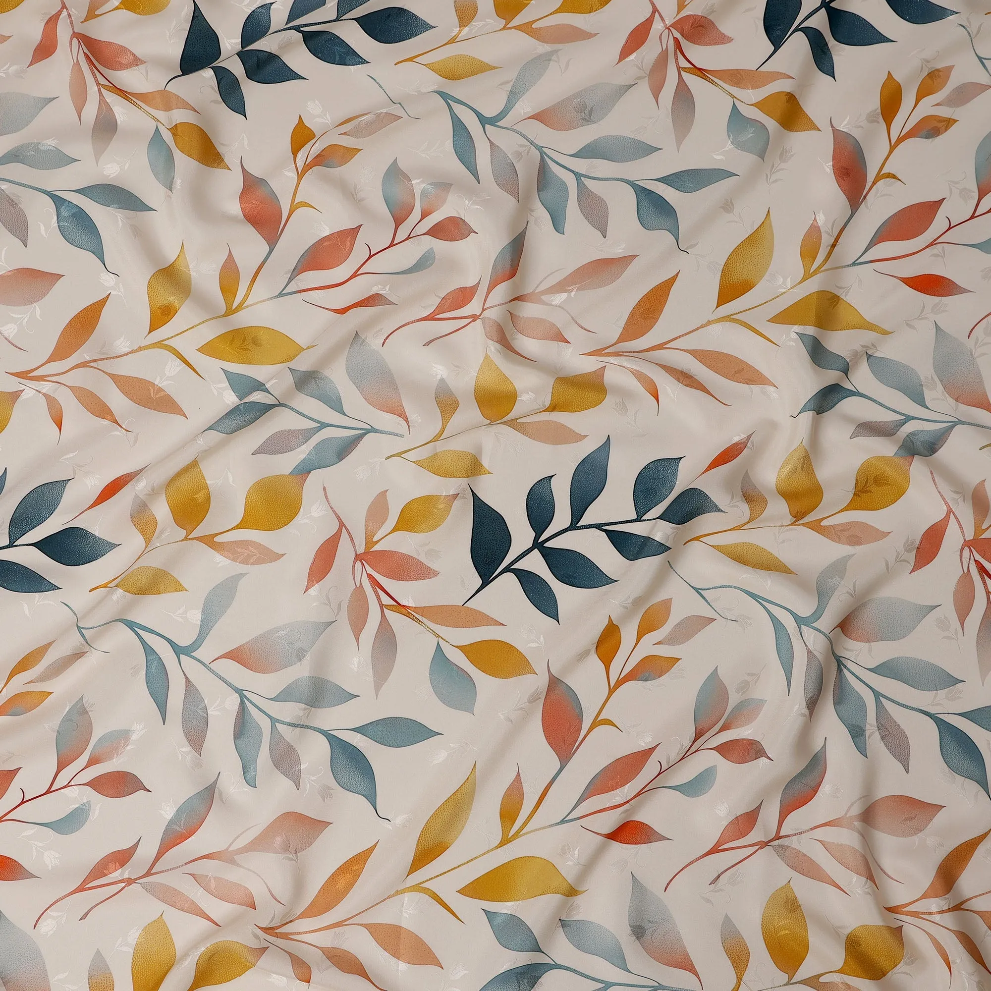 Teal and Mustard Leaf Print Pure Silk Satin Fabric, 140 cm Width, Made in Italy -D21159