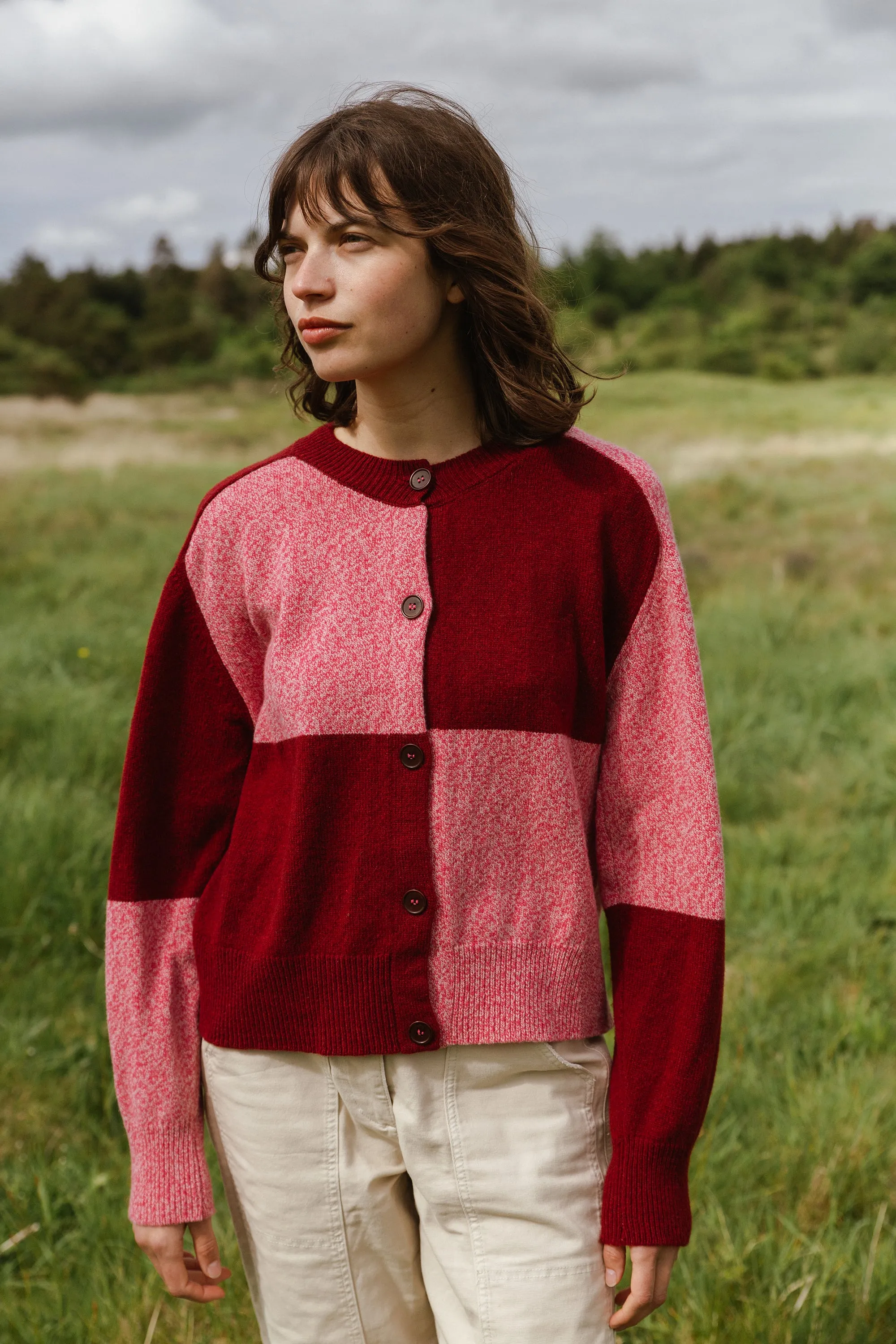 Tewksbury Check Cardigan Raspberry