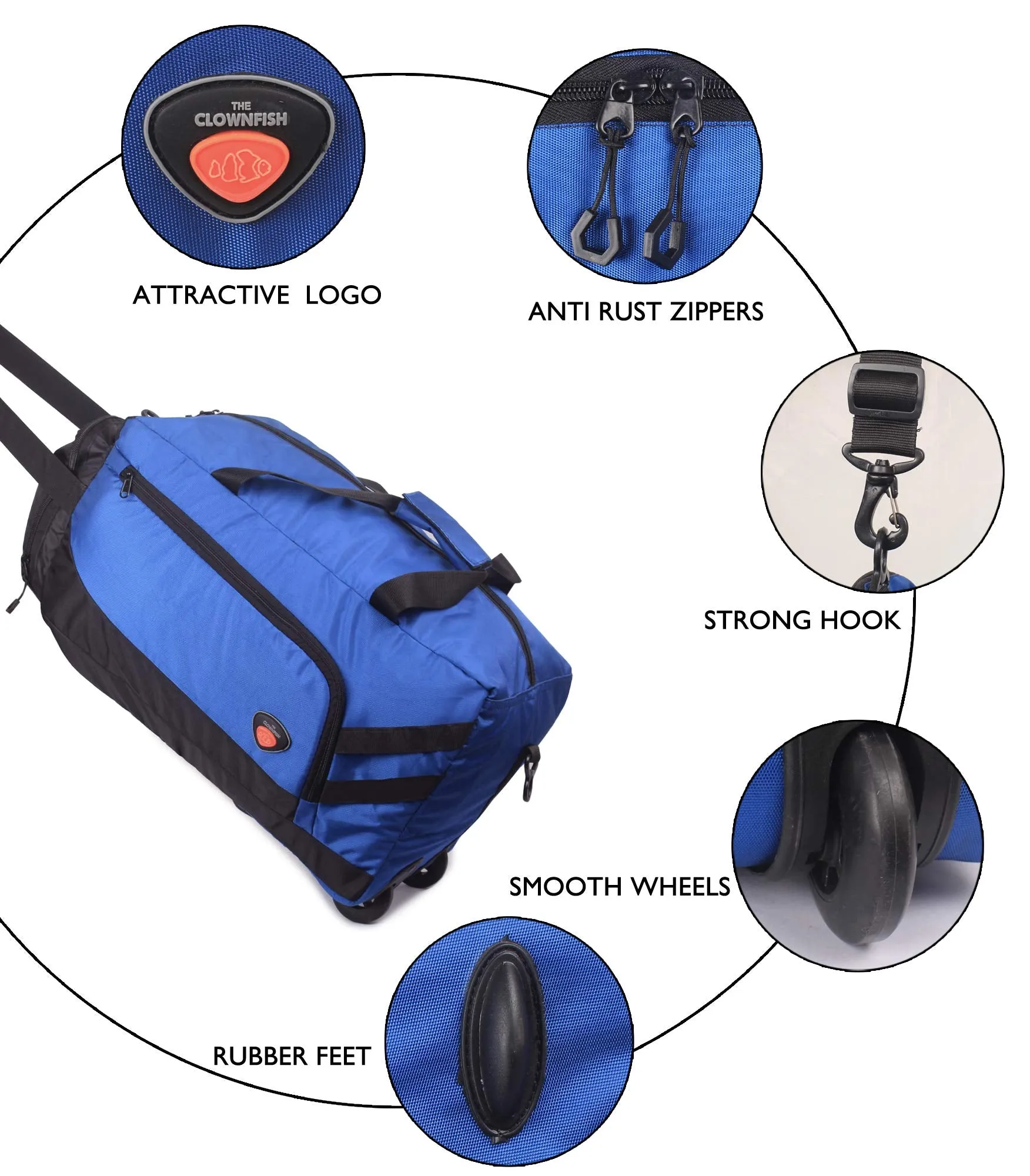 The Clownfish Road Rager Series 35 liters Polyester Travel Duffle Trolley, Duffel Bag with Wheels (Royal Blue)