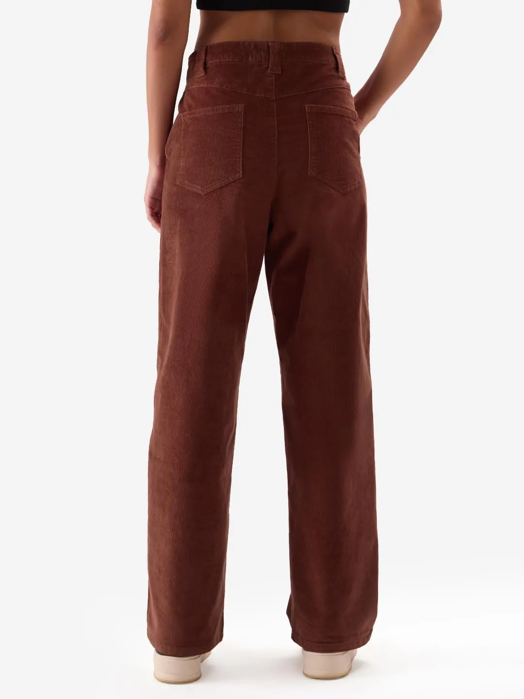 The Souled Store Solids: Maroon Red Corduroy Women and Girls Straight Fit Pants