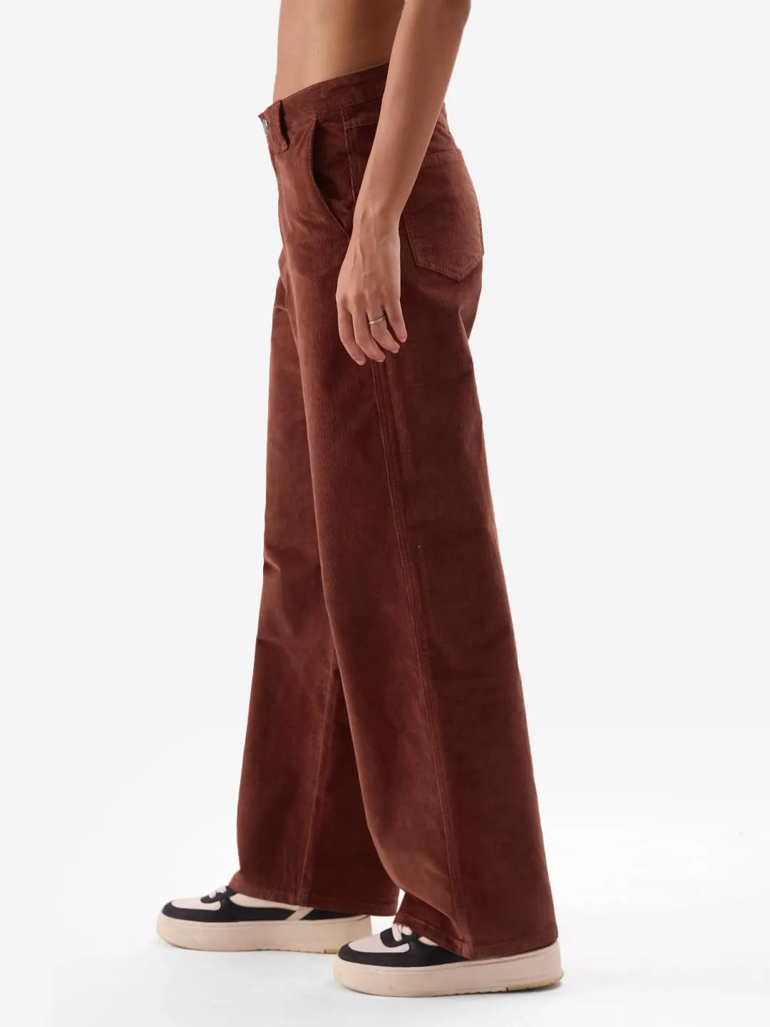 The Souled Store Solids: Maroon Red Corduroy Women and Girls Straight Fit Pants