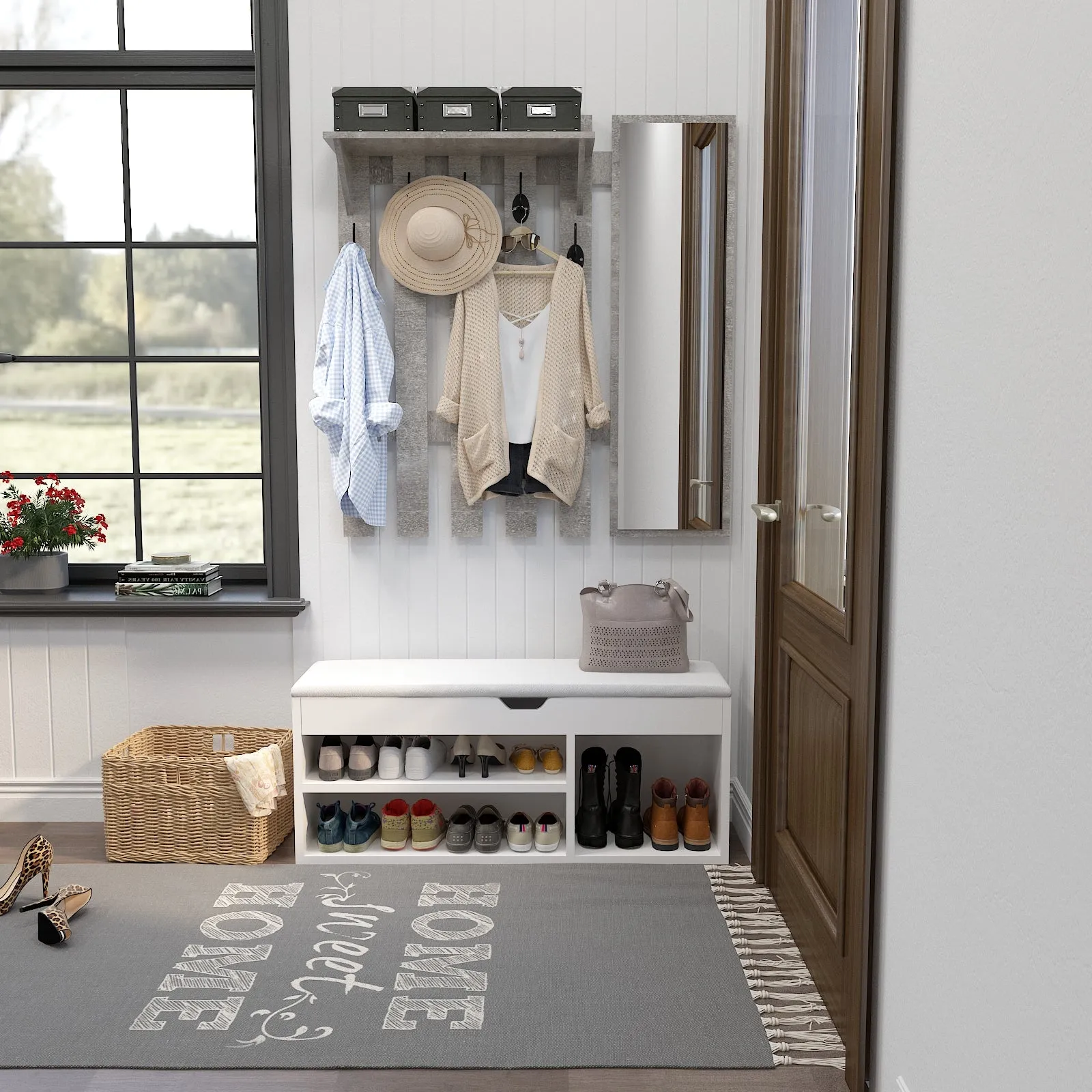 Wall-Mounted Coat Rack, Grey, with Mirror and 5 Hooks