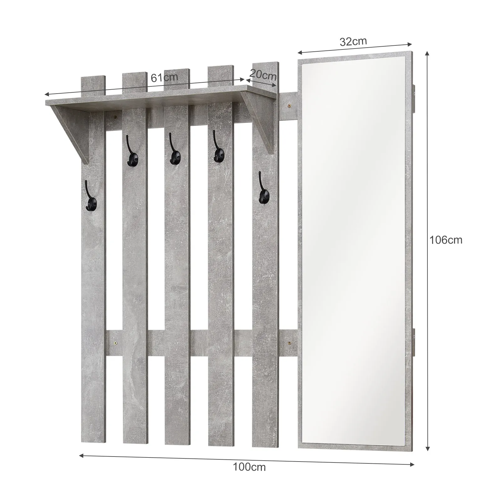 Wall-Mounted Coat Rack, Grey, with Mirror and 5 Hooks