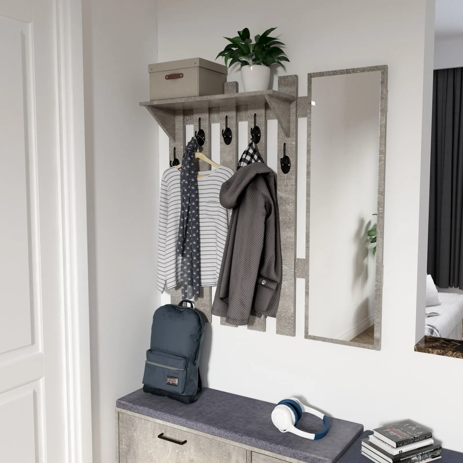 Wall-Mounted Coat Rack, Grey, with Mirror and 5 Hooks