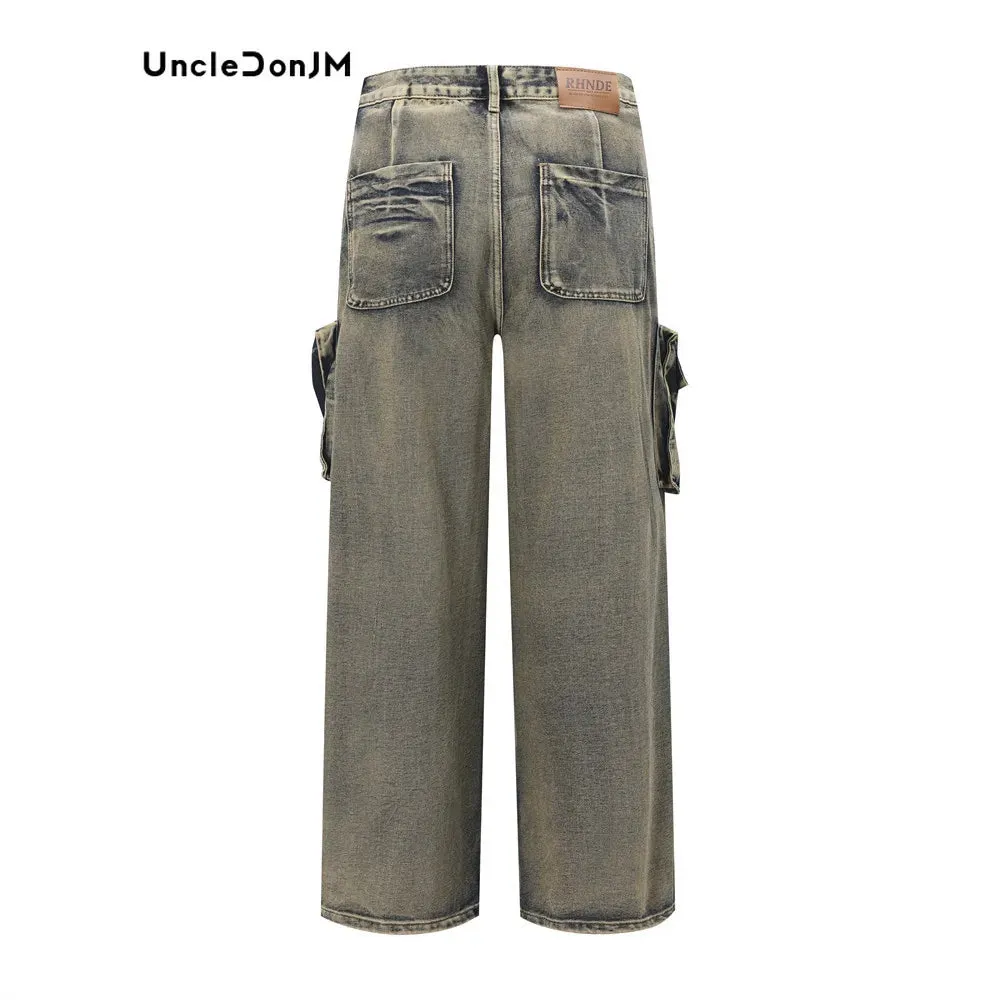 Wasteland Style Multi Pocket Denim Workwear Pants - Men's Straight Leg Jeans