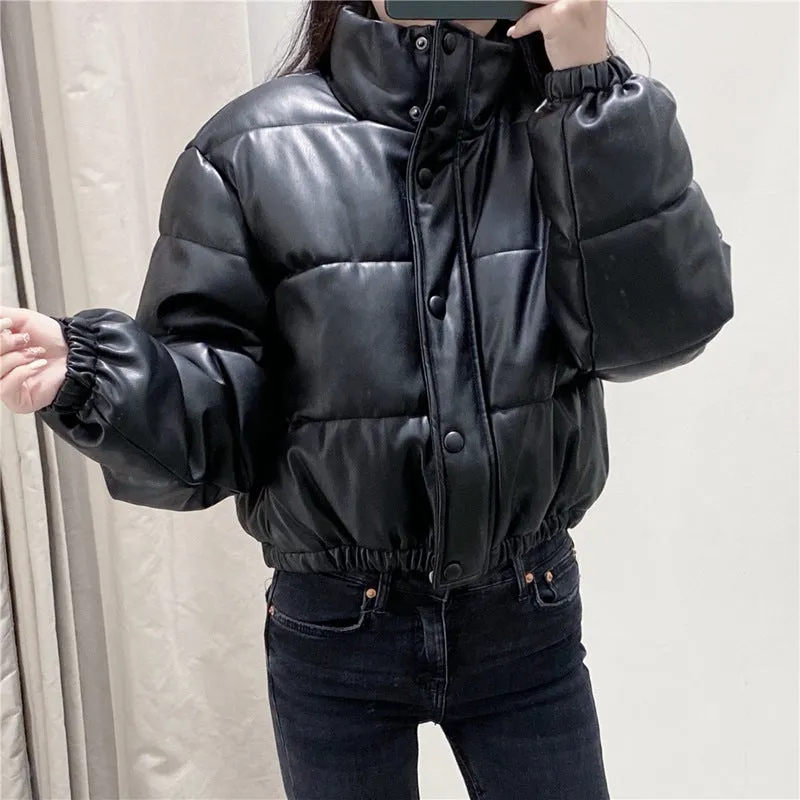 Water Repellent Faux Leather Cotton Padded Waxed Puffer Jacket