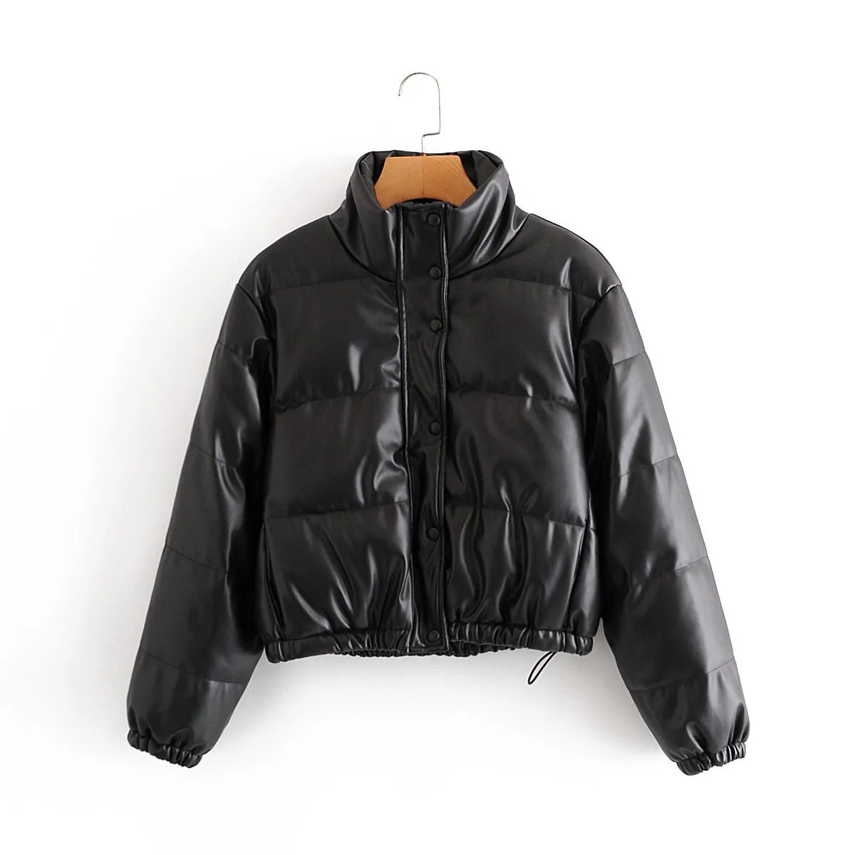 Water Repellent Faux Leather Cotton Padded Waxed Puffer Jacket