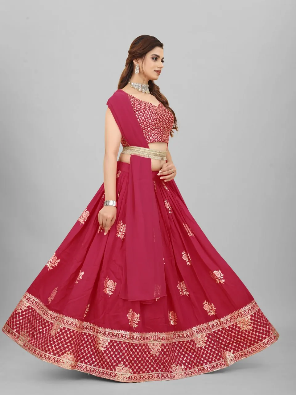 Wedding-ready Maroon Cotton Lehenga Choli Ensemble