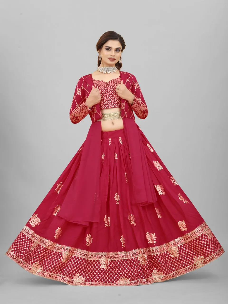 Wedding-ready Maroon Cotton Lehenga Choli Ensemble