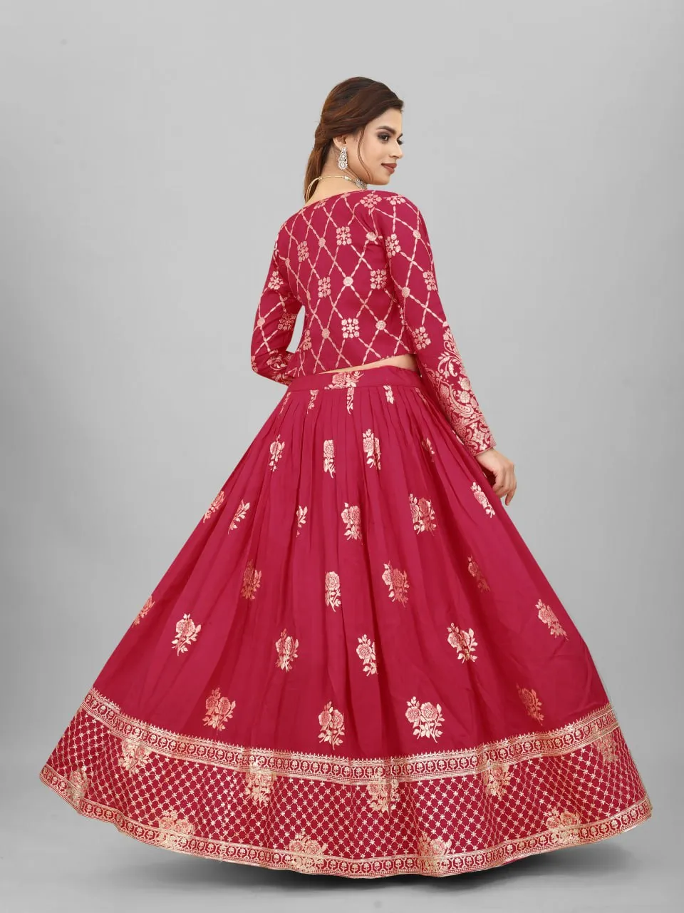 Wedding-ready Maroon Cotton Lehenga Choli Ensemble