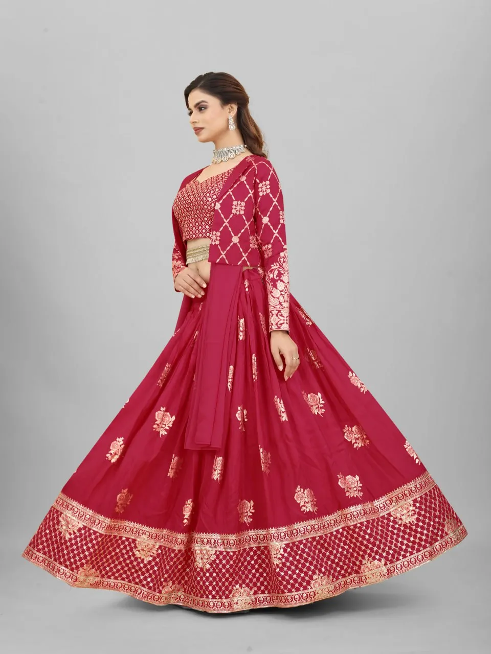 Wedding-ready Maroon Cotton Lehenga Choli Ensemble