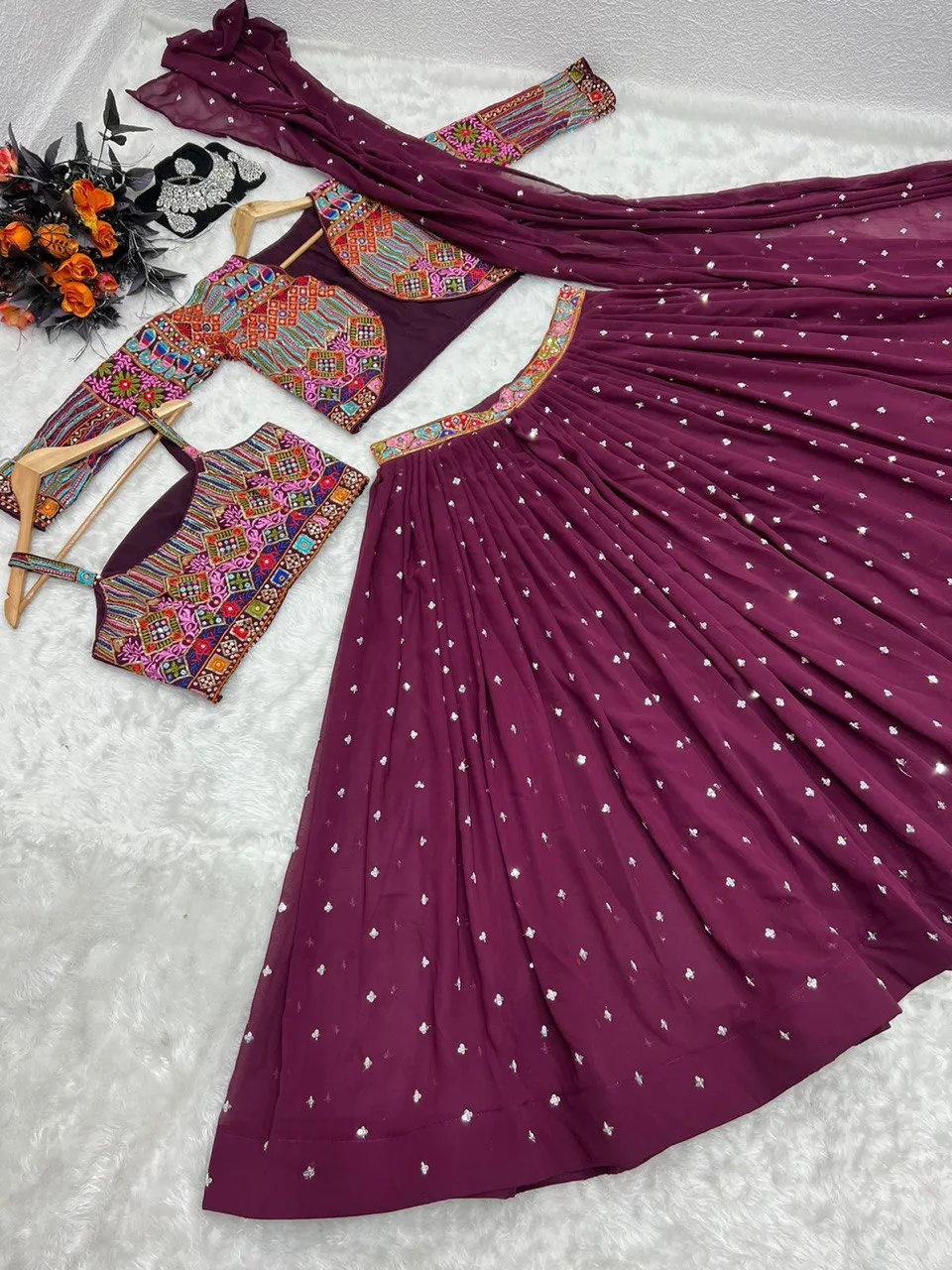 Wine Color Sequence Work Lehenga Choli With Shrug