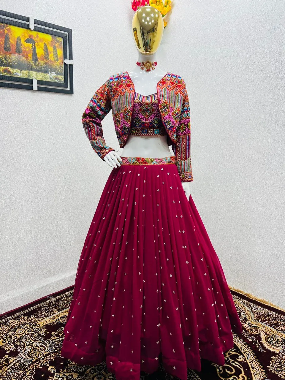 Wine Color Sequence Work Lehenga Choli With Shrug