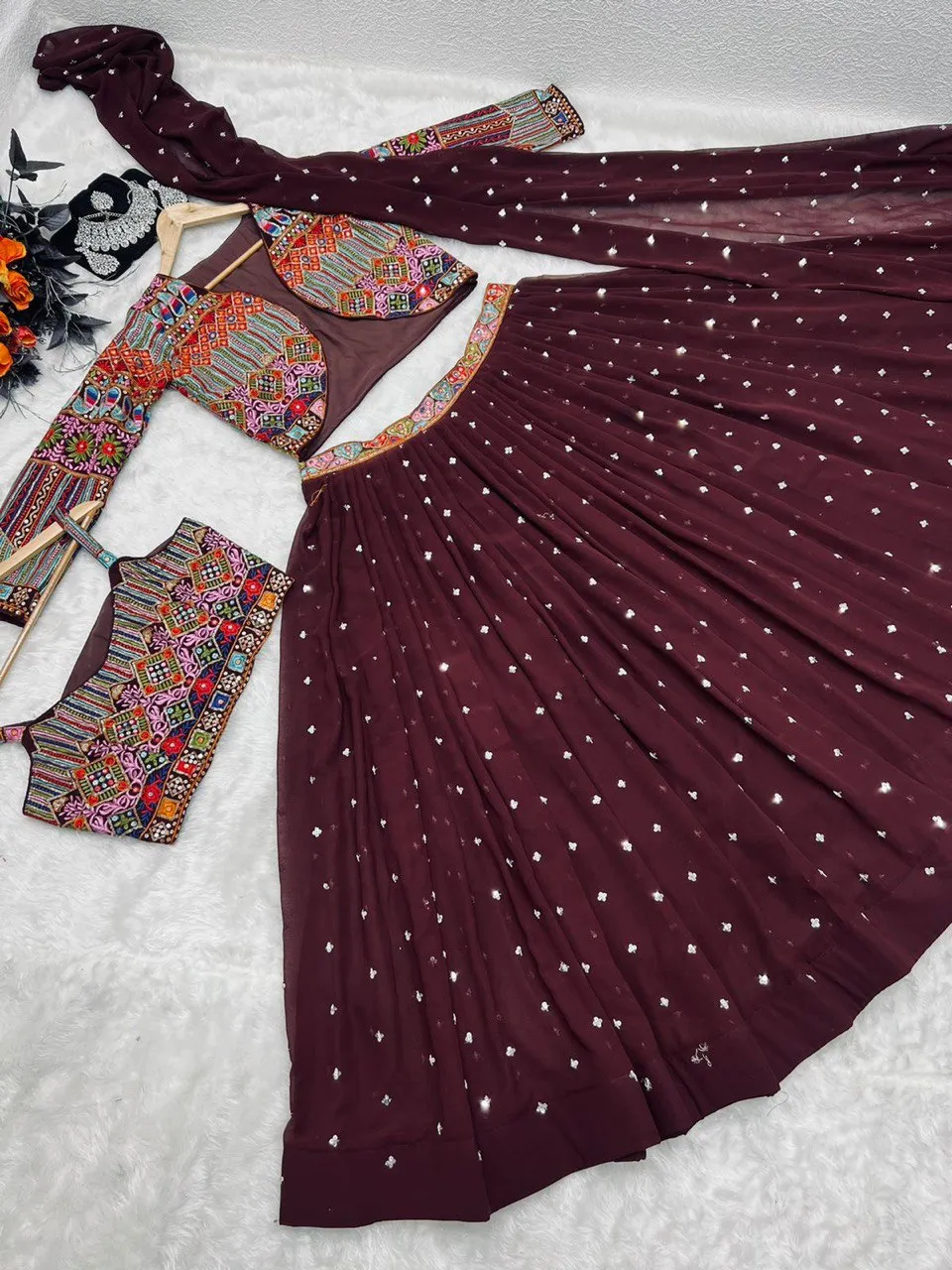 Wine Color Sequence Work Lehenga Choli With Shrug