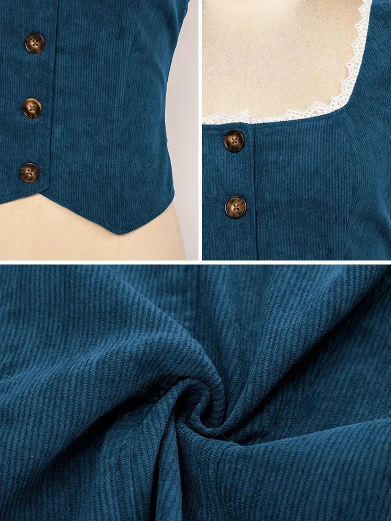 Women Corduroy Vest Coat Button-up Handkerchief Hem Vest