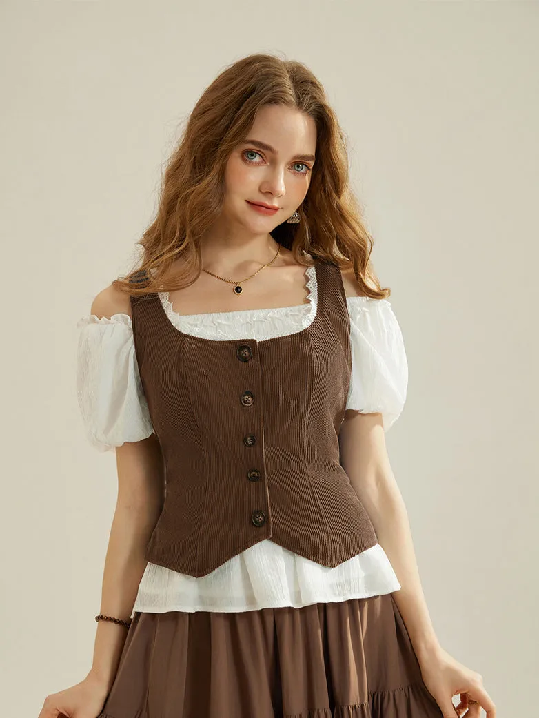 Women Corduroy Vest Coat Button-up Handkerchief Hem Vest