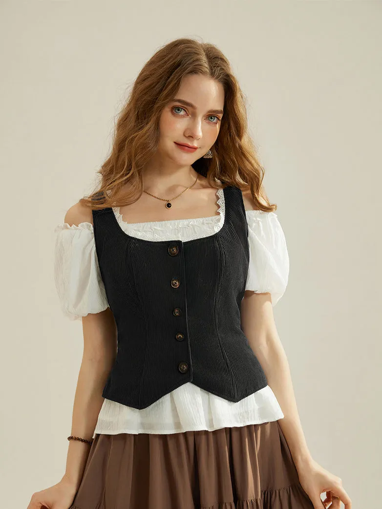 Women Corduroy Vest Coat Button-up Handkerchief Hem Vest