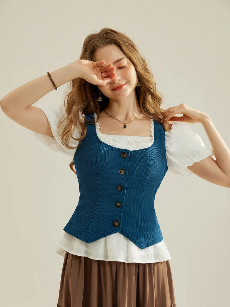 Women Corduroy Vest Coat Button-up Handkerchief Hem Vest