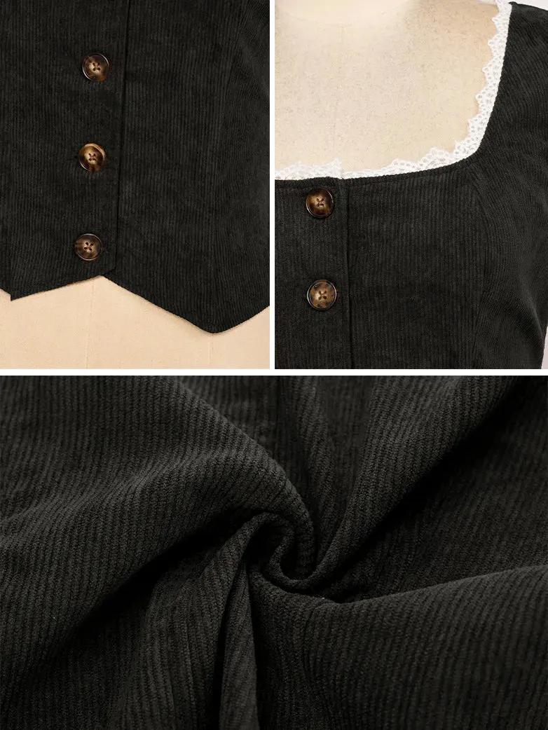 Women Corduroy Vest Coat Button-up Handkerchief Hem Vest