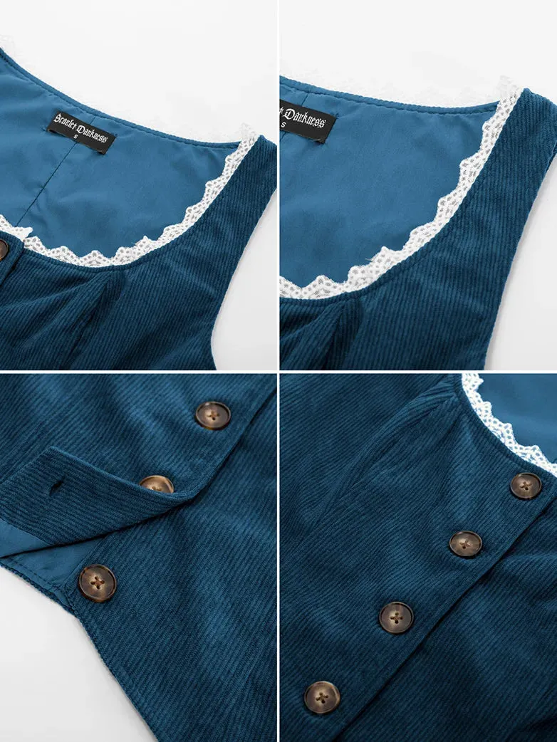 Women Corduroy Vest Coat Button-up Handkerchief Hem Vest