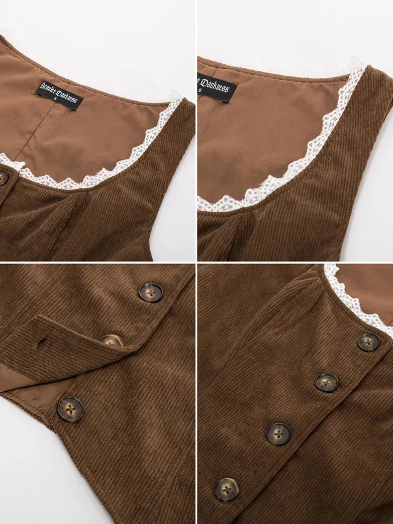 Women Corduroy Vest Coat Button-up Handkerchief Hem Vest