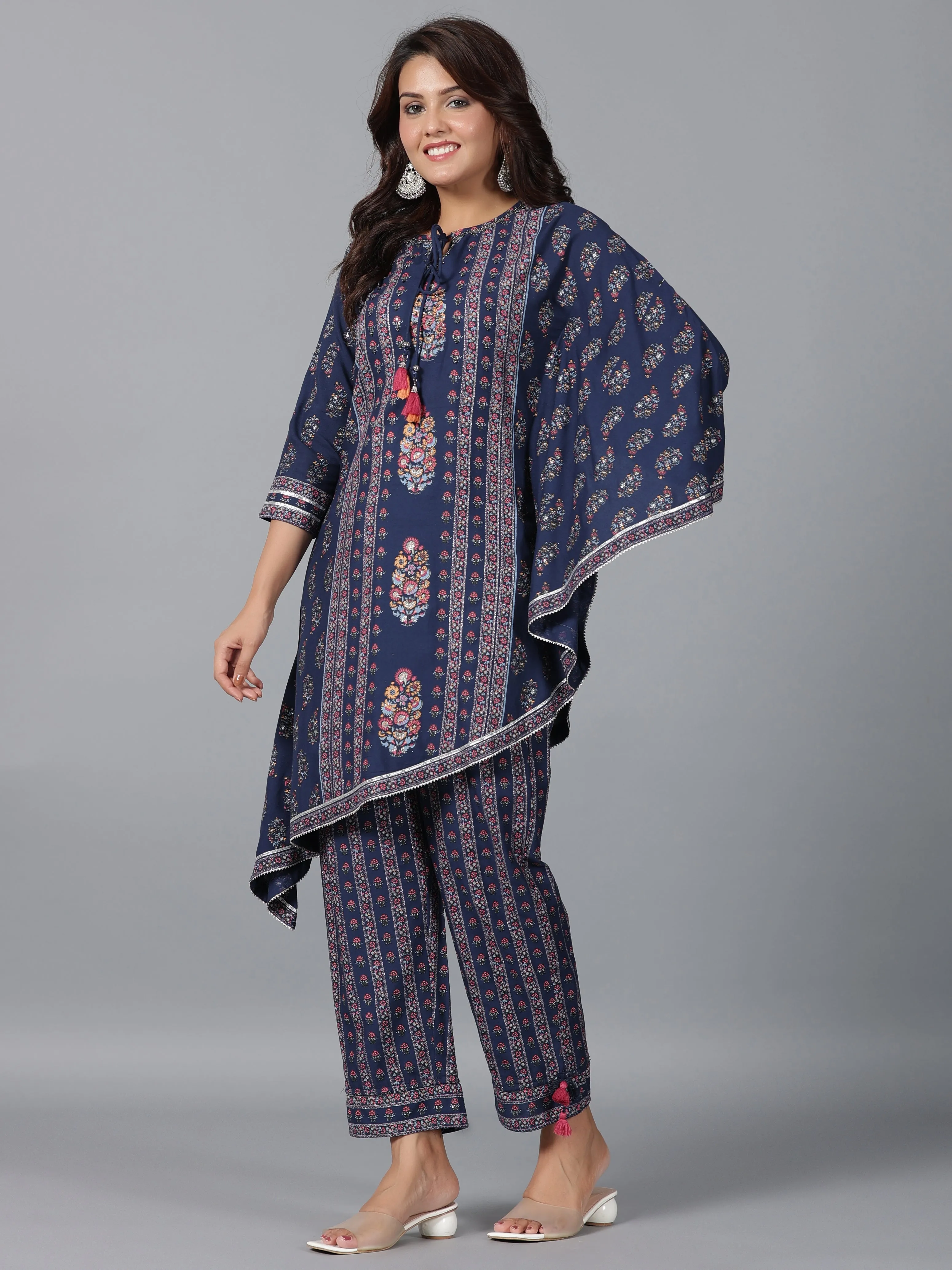 Women Navy Blue Rayon Printed Kurta Pant Set