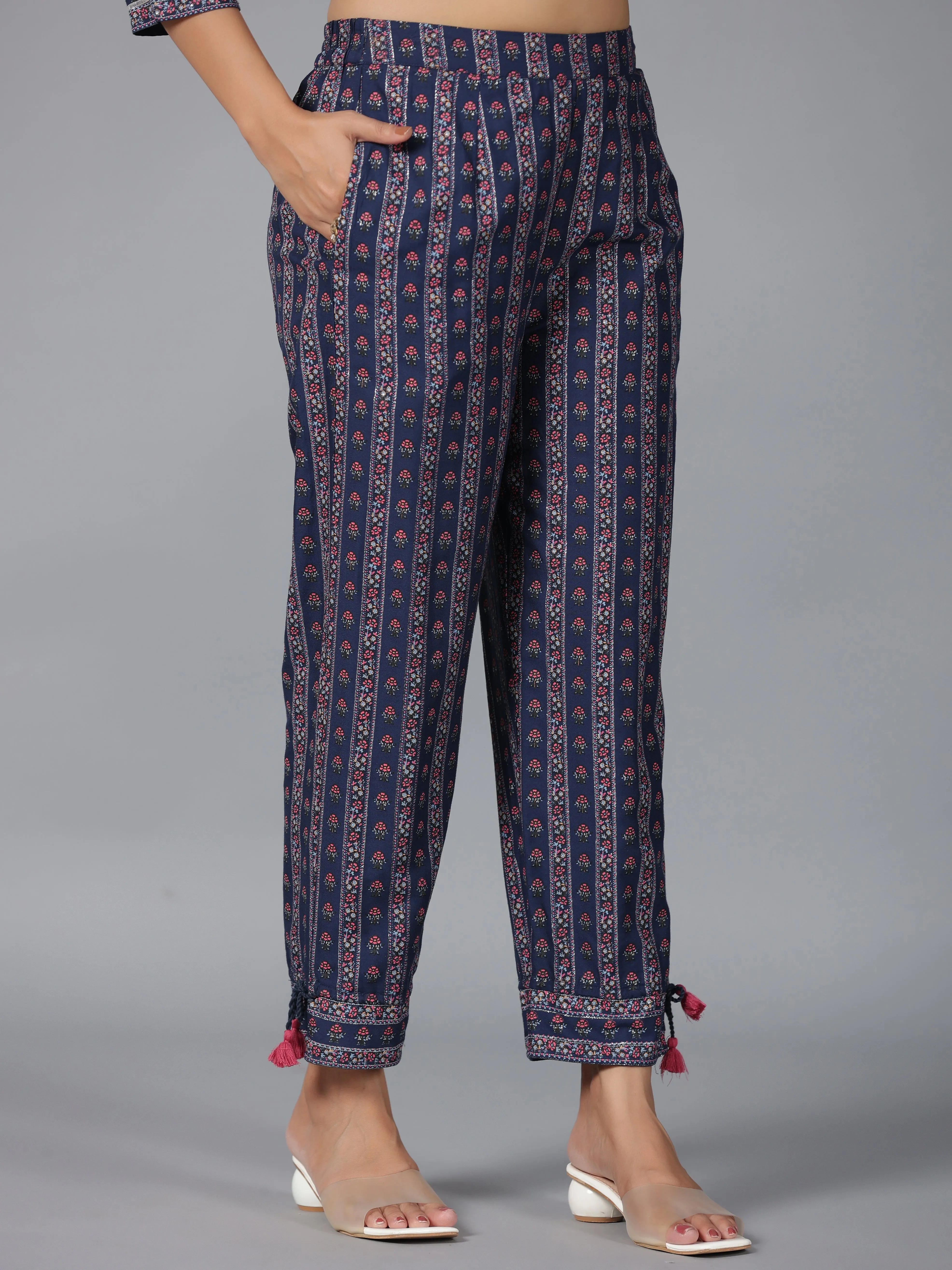 Women Navy Blue Rayon Printed Kurta Pant Set