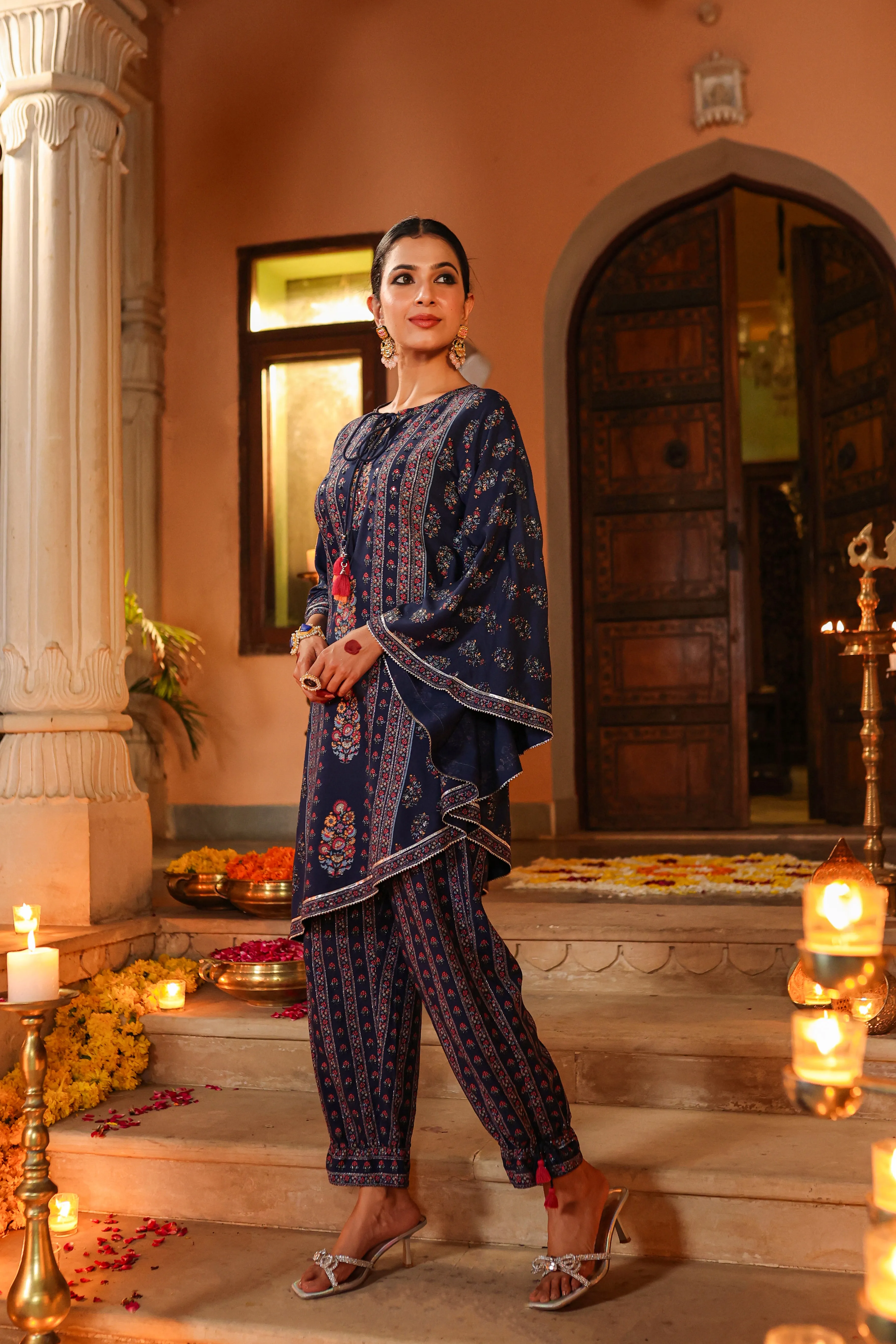 Women Navy Blue Rayon Printed Kurta Pant Set