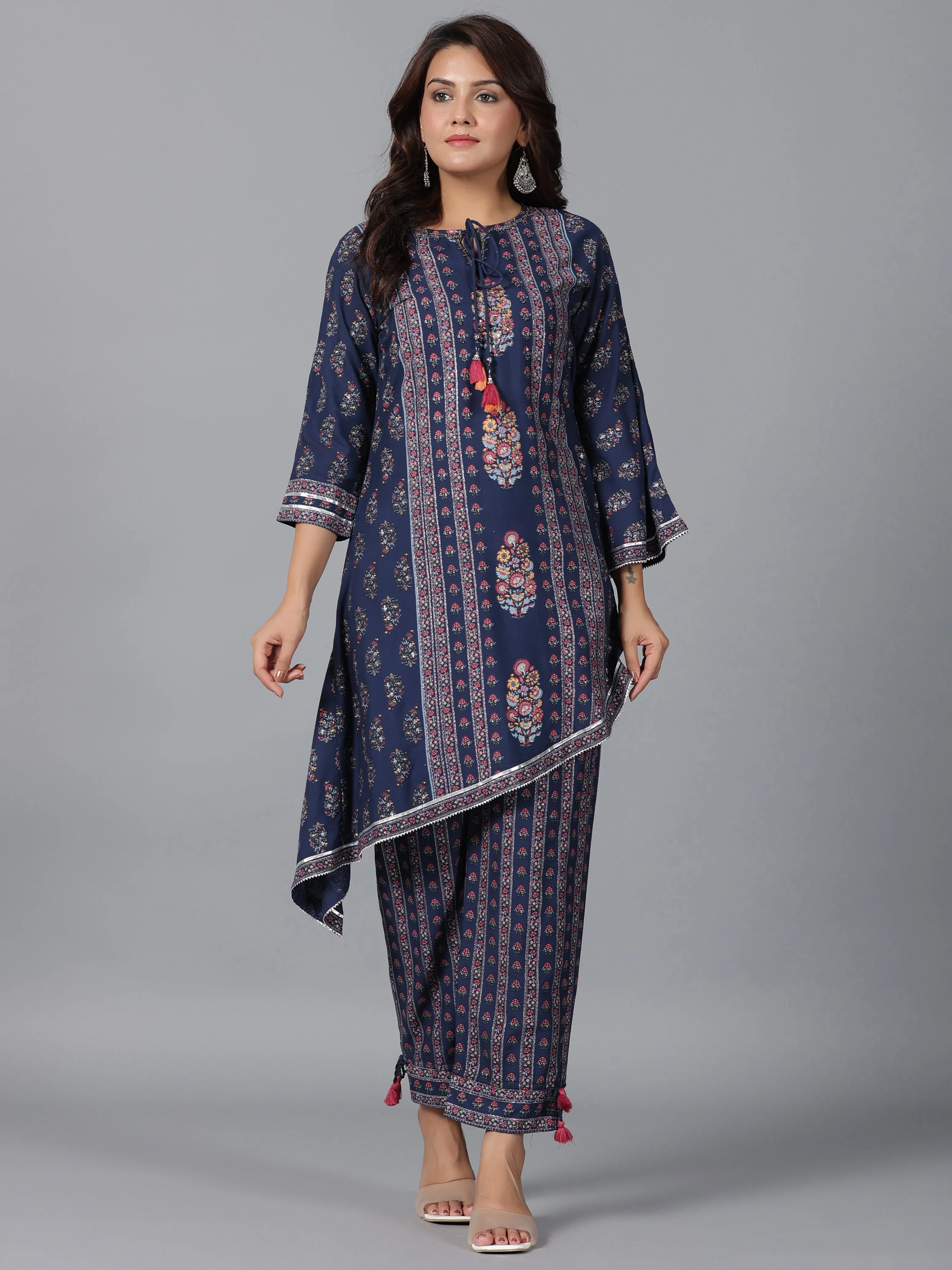 Women Navy Blue Rayon Printed Kurta Pant Set