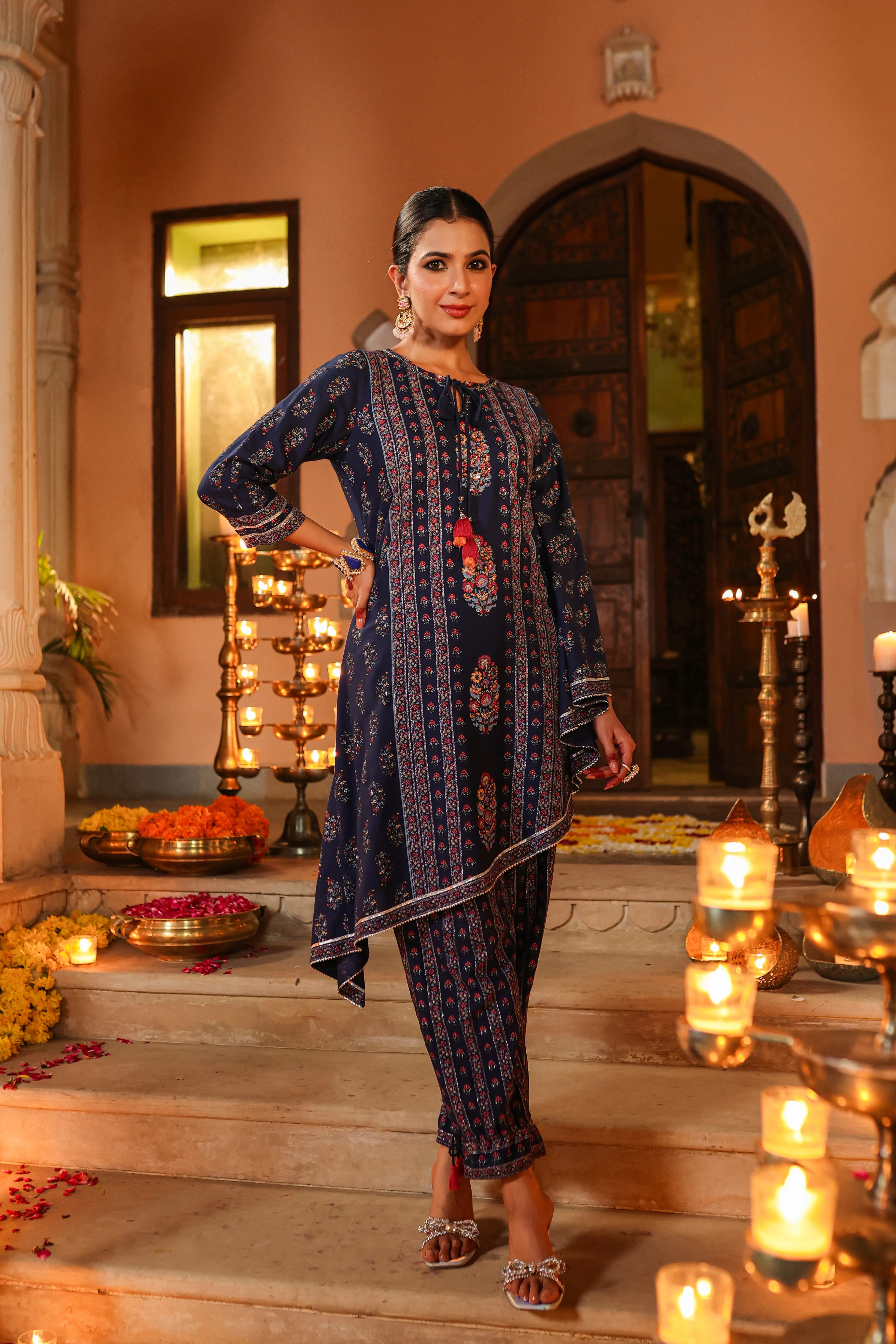 Women Navy Blue Rayon Printed Kurta Pant Set