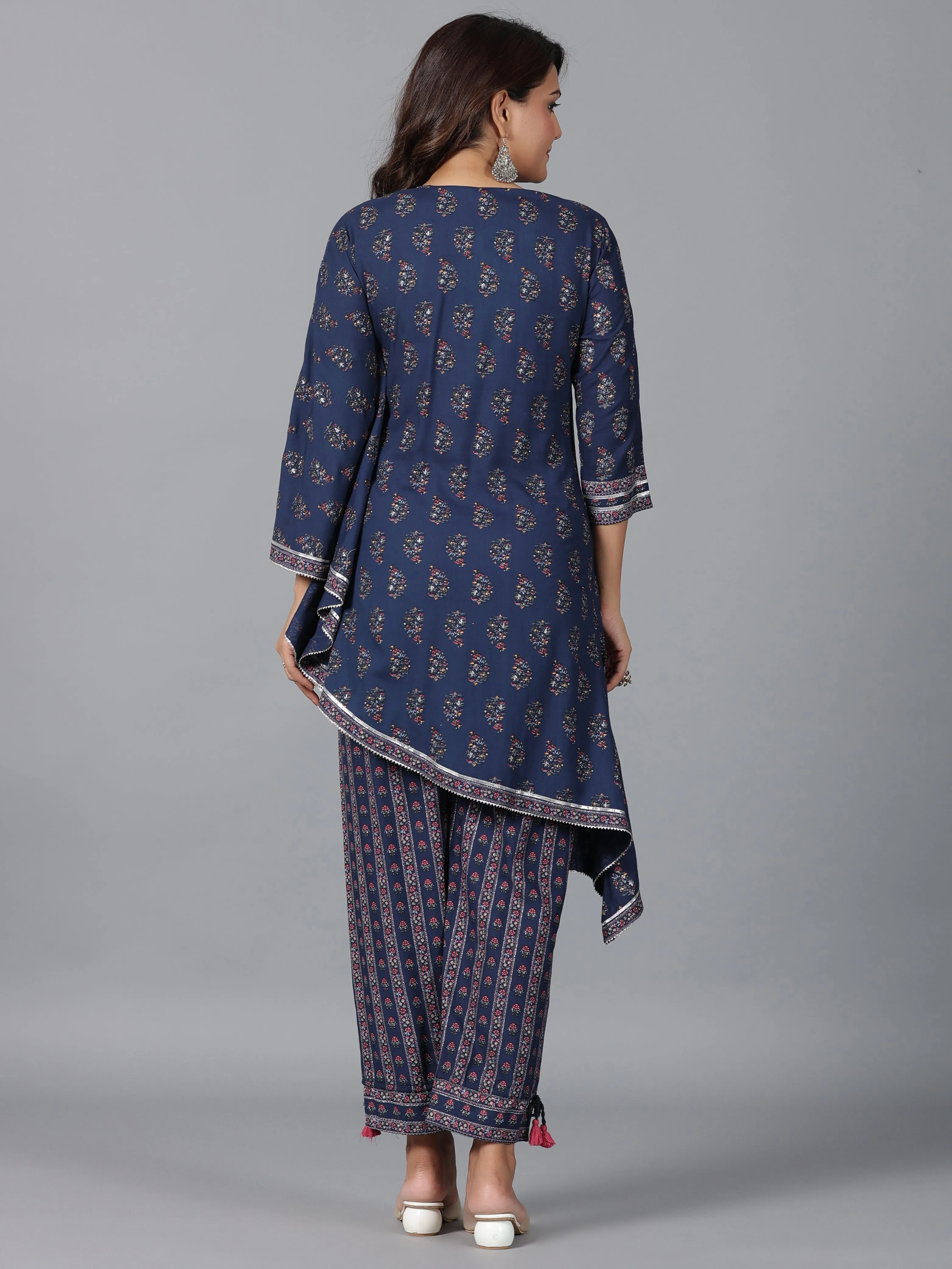 Women Navy Blue Rayon Printed Kurta Pant Set