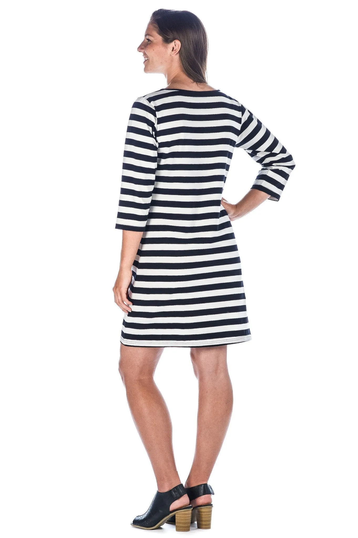 Women's Premium Cotton Knit Dress - Stripe  - Black/White